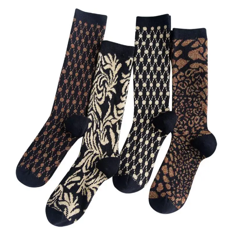 Woman Solid Leopard Cotton Socks Lurex Mixed Socks Print Knee High Socks Girls Warm Leopard Winter Socks Ankle Socks 4 Pairs/lot