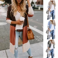 autumn and winter casual long sleeved three color stitching cardigan women sweaters open front long knitted with pockets xxxl
