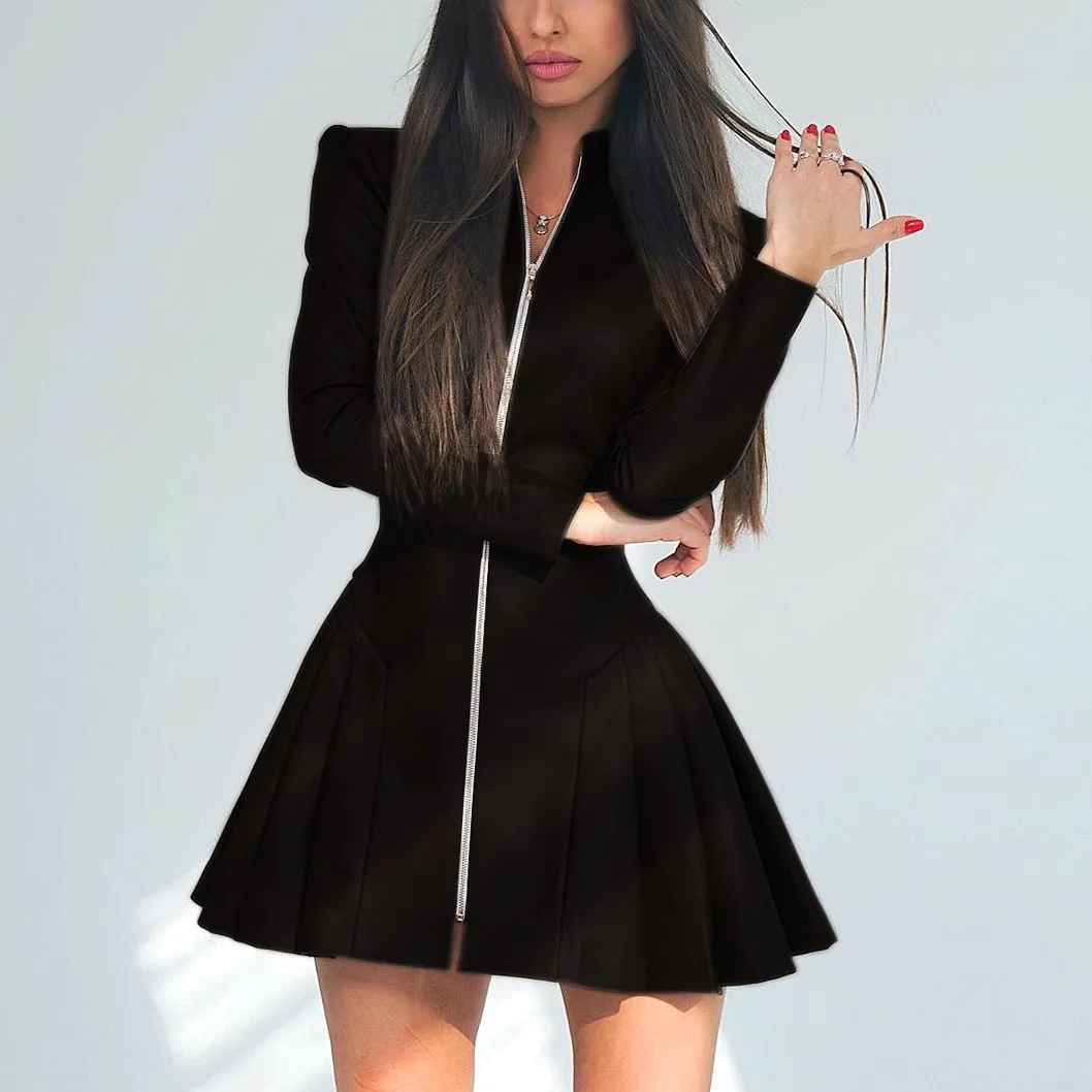 

Autumn Winter Fashion Brown Faux Leather Dress Ladies Black Zip Up Ruched Dresses Women Sexy Party Night Club Clothes New 2020