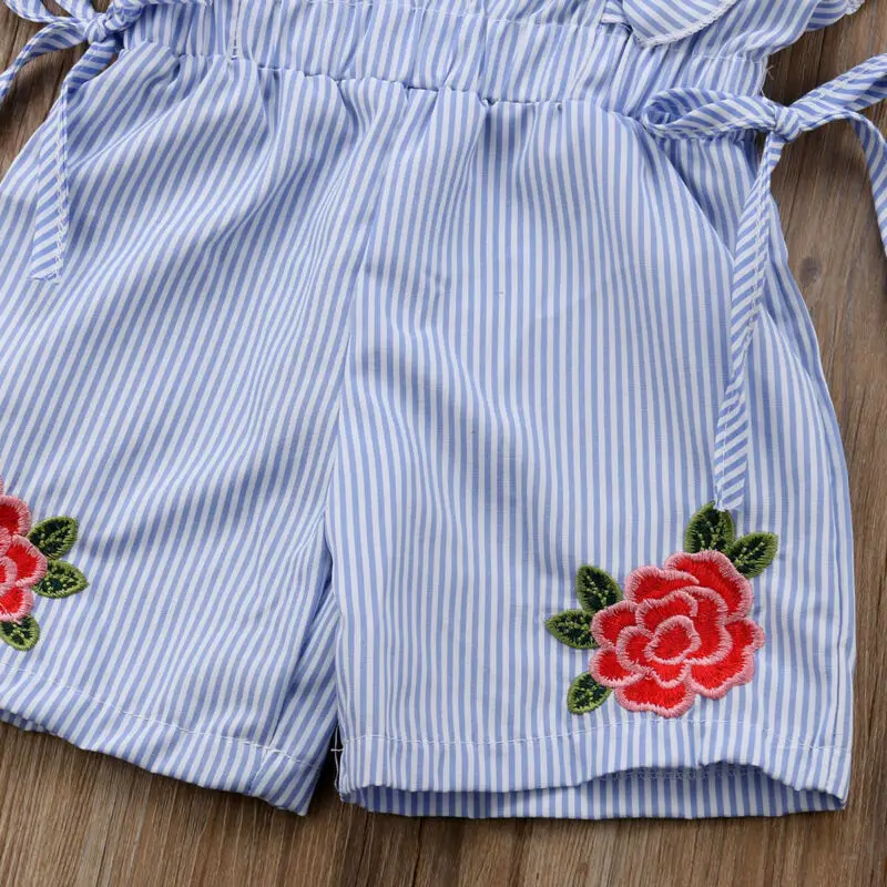 

Flower Kid Baby Girls Striped Ruffles Jumpsuit Playsuit Summer Clothing Petal Sleeve Elastic Waist Floral Print Striped Blue