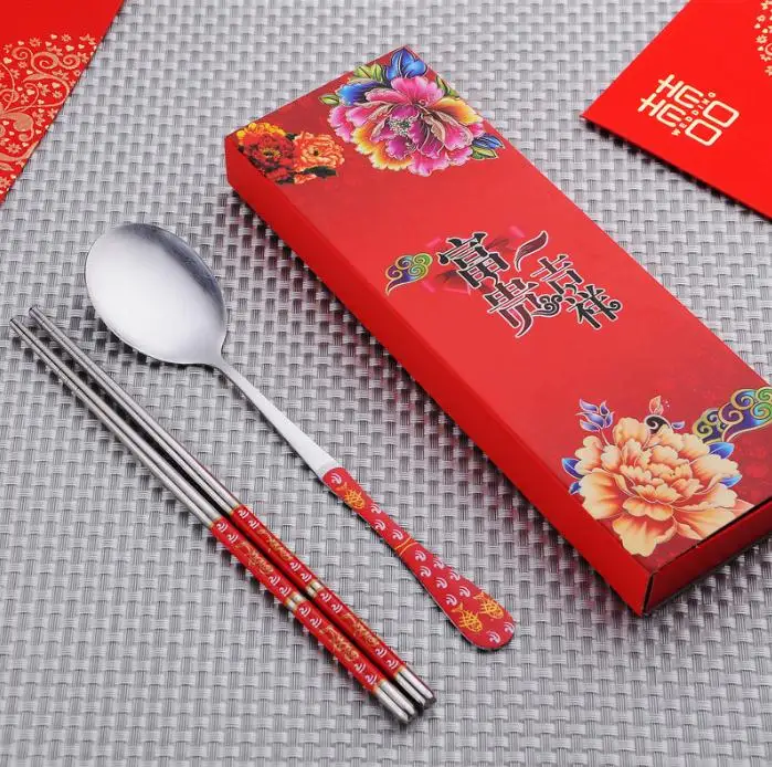 50 sets/lot Stainless Steel Dinnerware Double Happiness Red Color Spoons Chopstick Sets Wedding Party Gifts For Guest |