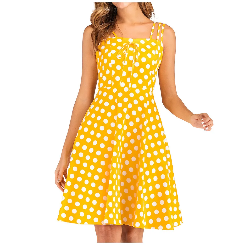 

MIARHB Summer Dress for Women Holiday Beach Dress Strapless Sleeveless Dot Print Vestido de mujer Knee Length A-Line Dresses