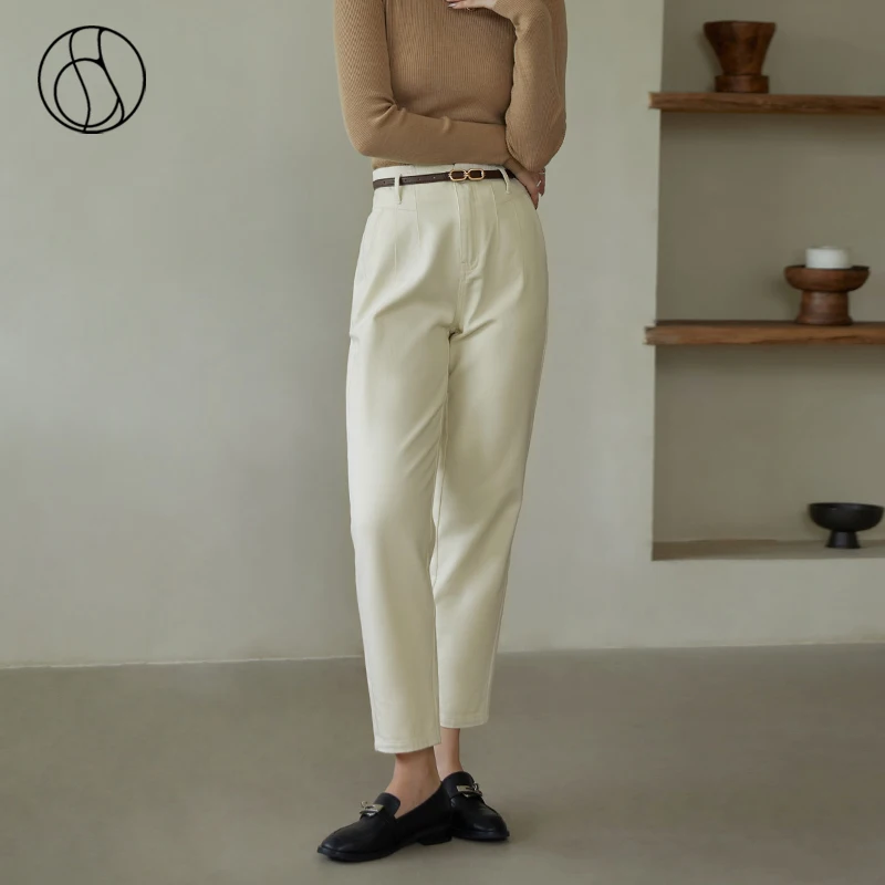 

DUSHU Women Pants White 100% Cotton Straight-leg High Waist Jeans All-match Simple Commuter Slim Pant Boyfriend Jeans For Women