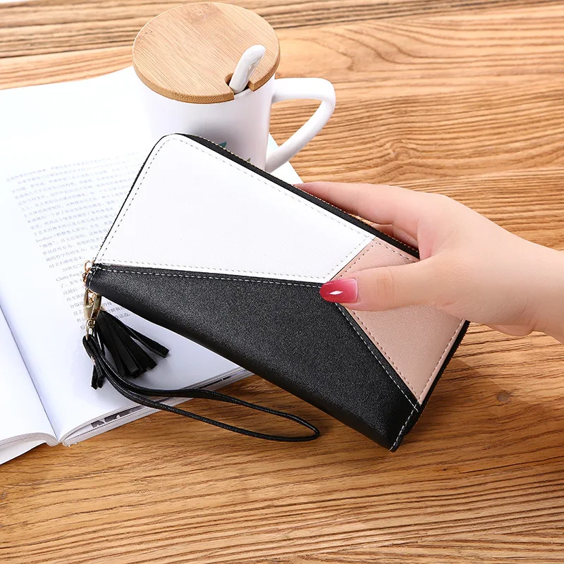 

Ladies hand purse female long three-color Mosaic color temperament simple zipper zipper mobile phone bag students wallet