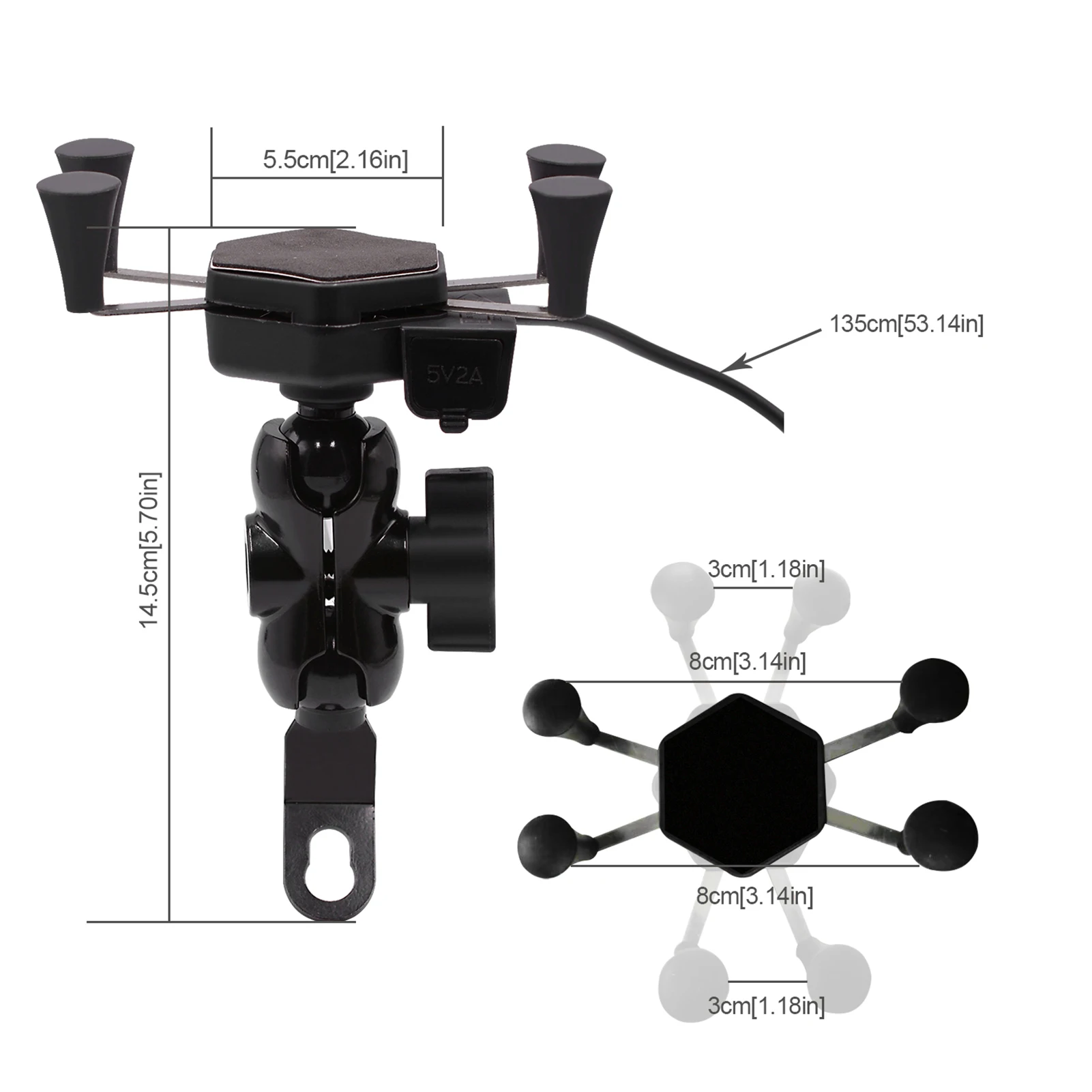 

360 Degree 12-30V Motorcycle Scooter Phone Holder With USB Charger X type Handlebar Rearview Mirror Mount Bracket 3.5-6.5 Inch