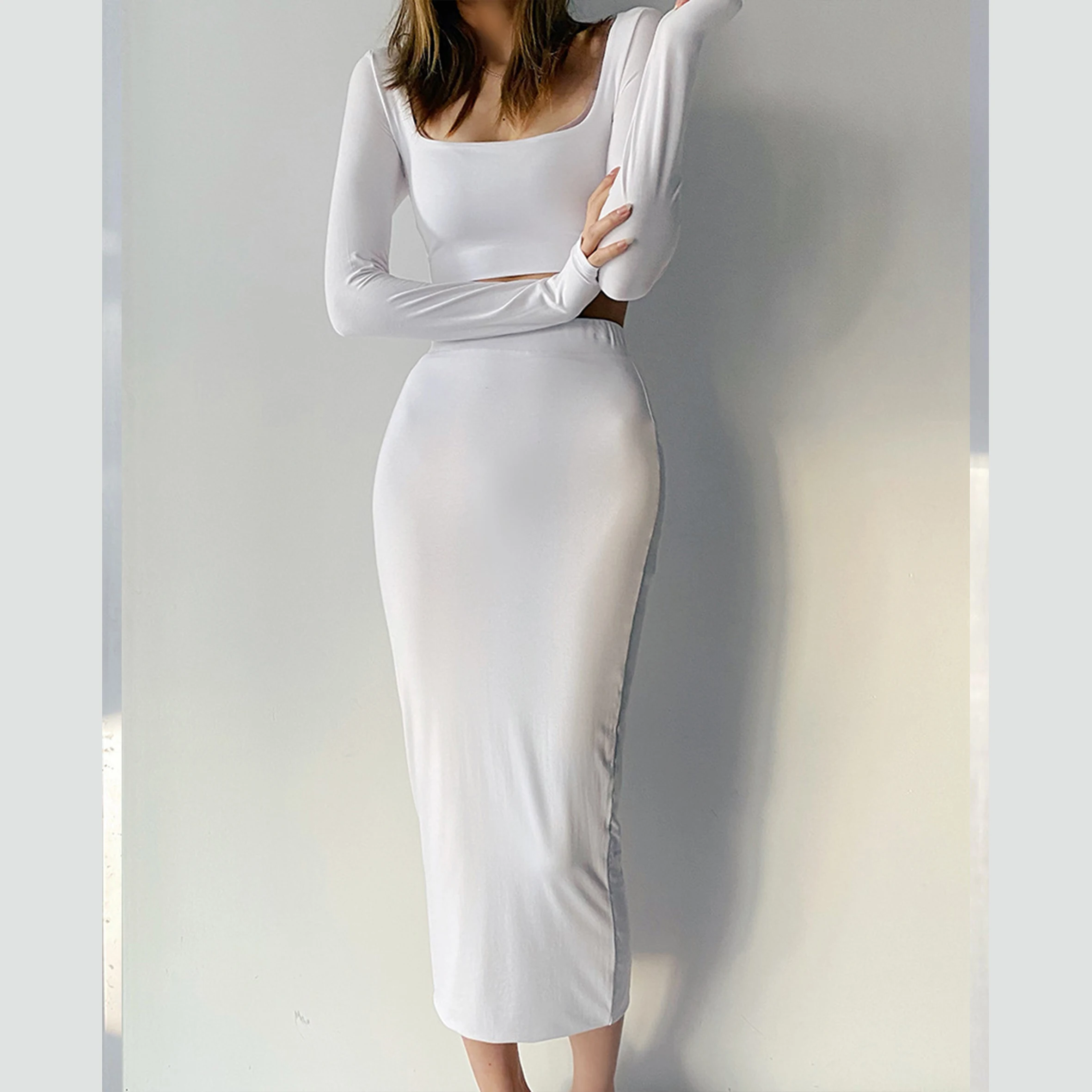 

FNOCE spring women's sets sexy nightclub solid long sleeve Square Collar crop tops tight stretch elegant bust skirts 2-pc suits