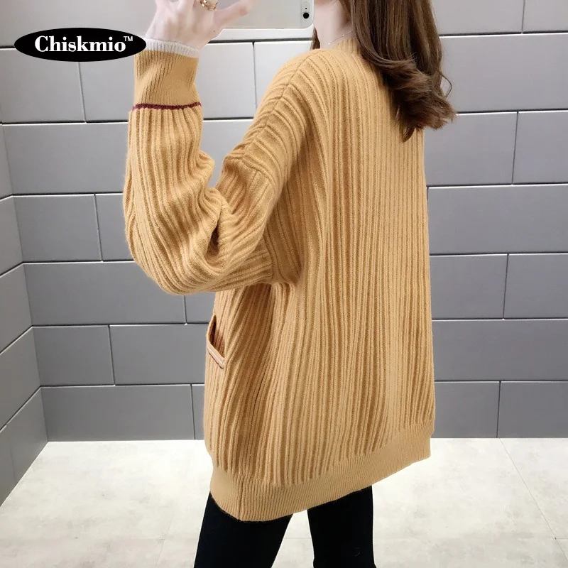 

Chiskmio V-Neck Sweater Women Single-Breasted Cardigan Loose Long-Sleeved Knitting Tops Pocket Design Knitwear Woman Outwear