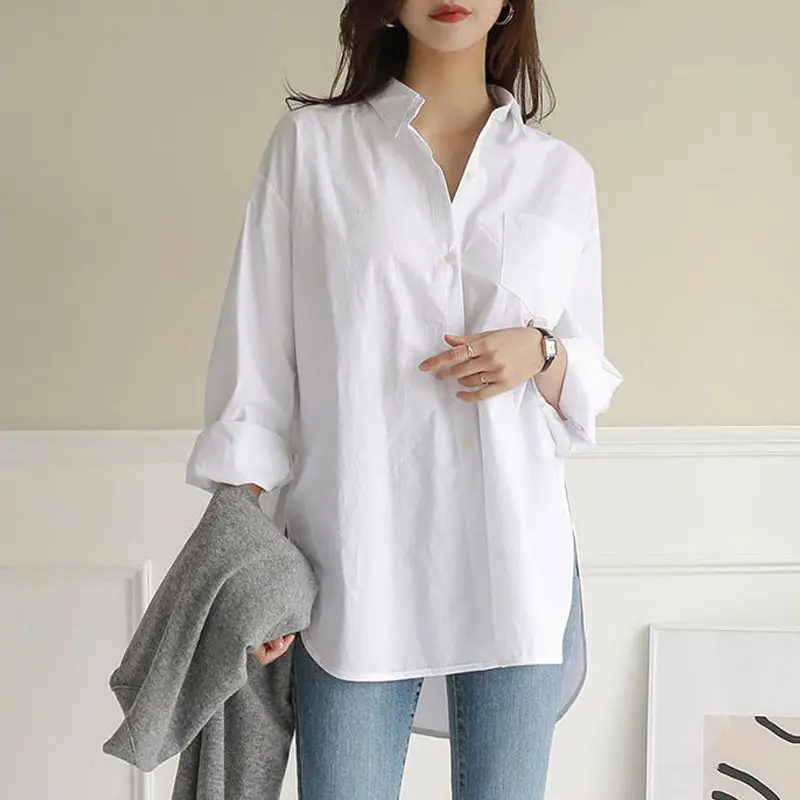 Повседневная рубашка для женщин весна 2021 свободные белые топы с длинным рукавом