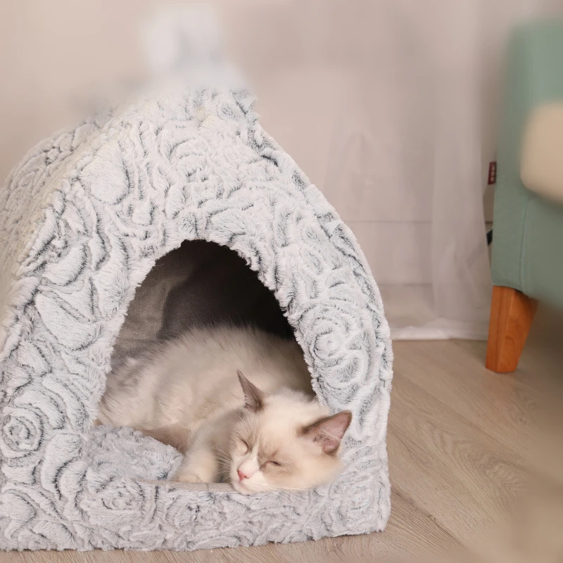 Brand New Cat Warm Cave Lovely Bow Design Puppy Winter Bed House Kennel Fleece Cats House for cat Soft Nest For Small Medium Pet
