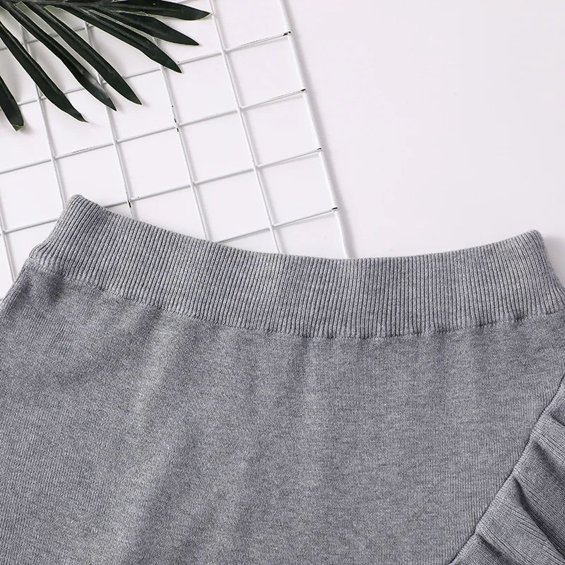 Autumn winter women knitting skirt Womens lady knit Retro Grey Irregular ruffled pleated A-line hip Skirt female skirts