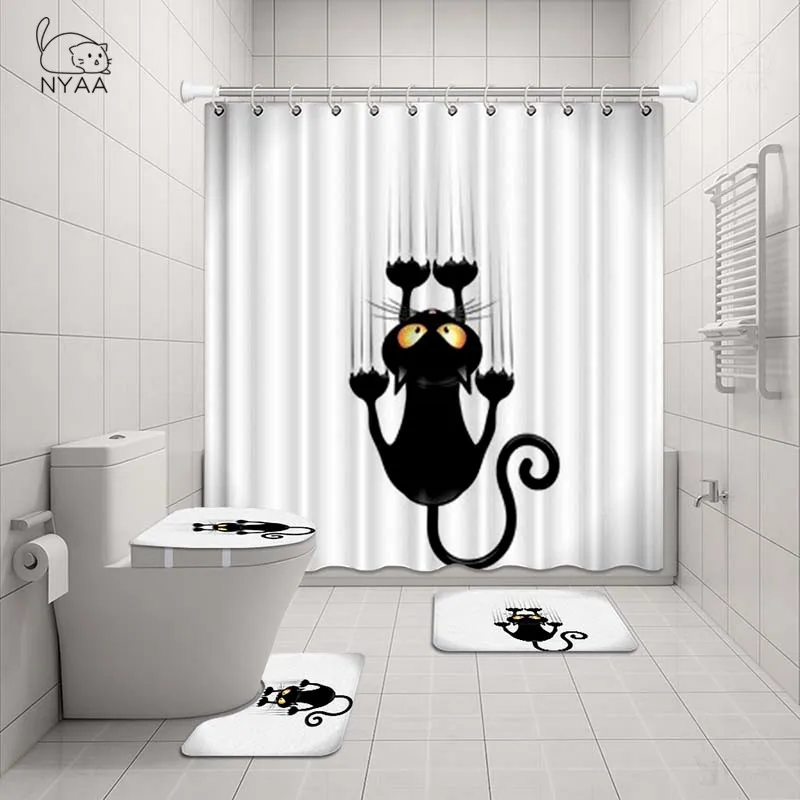 NYAA 4 шт. Британский короткошерстный кошачий душ занавеска пьедестал ковер крышка туалет коврик для ванной коврик набор для декора ванной комнаты - Цвет: NY5264