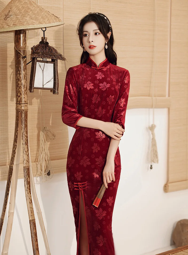 Женское винтажное красное платье Ципао с высоким разрезом и рукавом три четверти