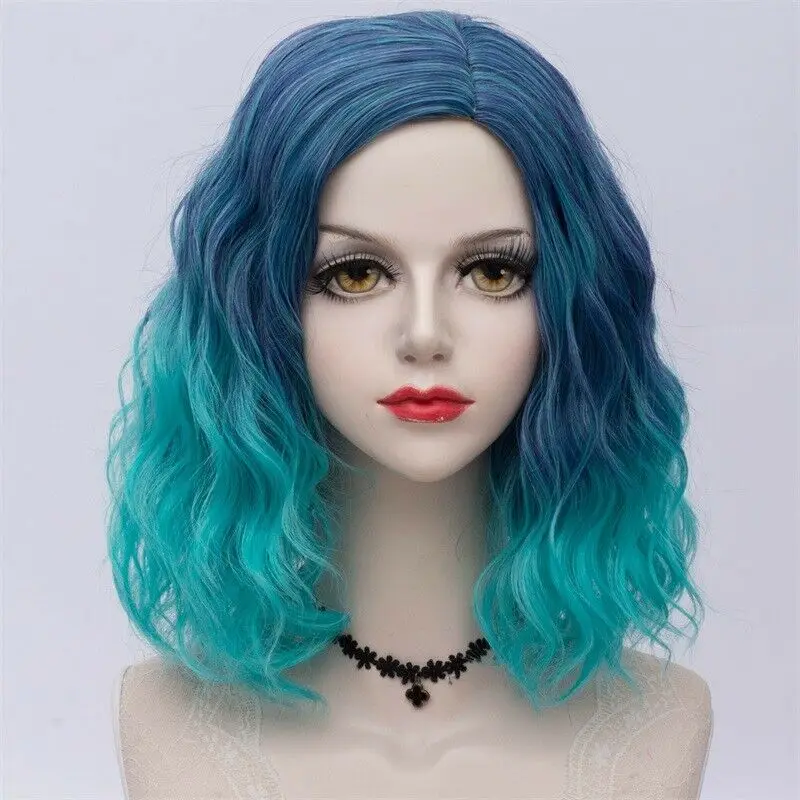 Blue Gradient wig 27 стиль радуги многоцветные Хэллоуин 35 см вьющиеся синтетические парик Лолита Средний Омбре вечерние Косплей - Цвет: Blue Gradient wig