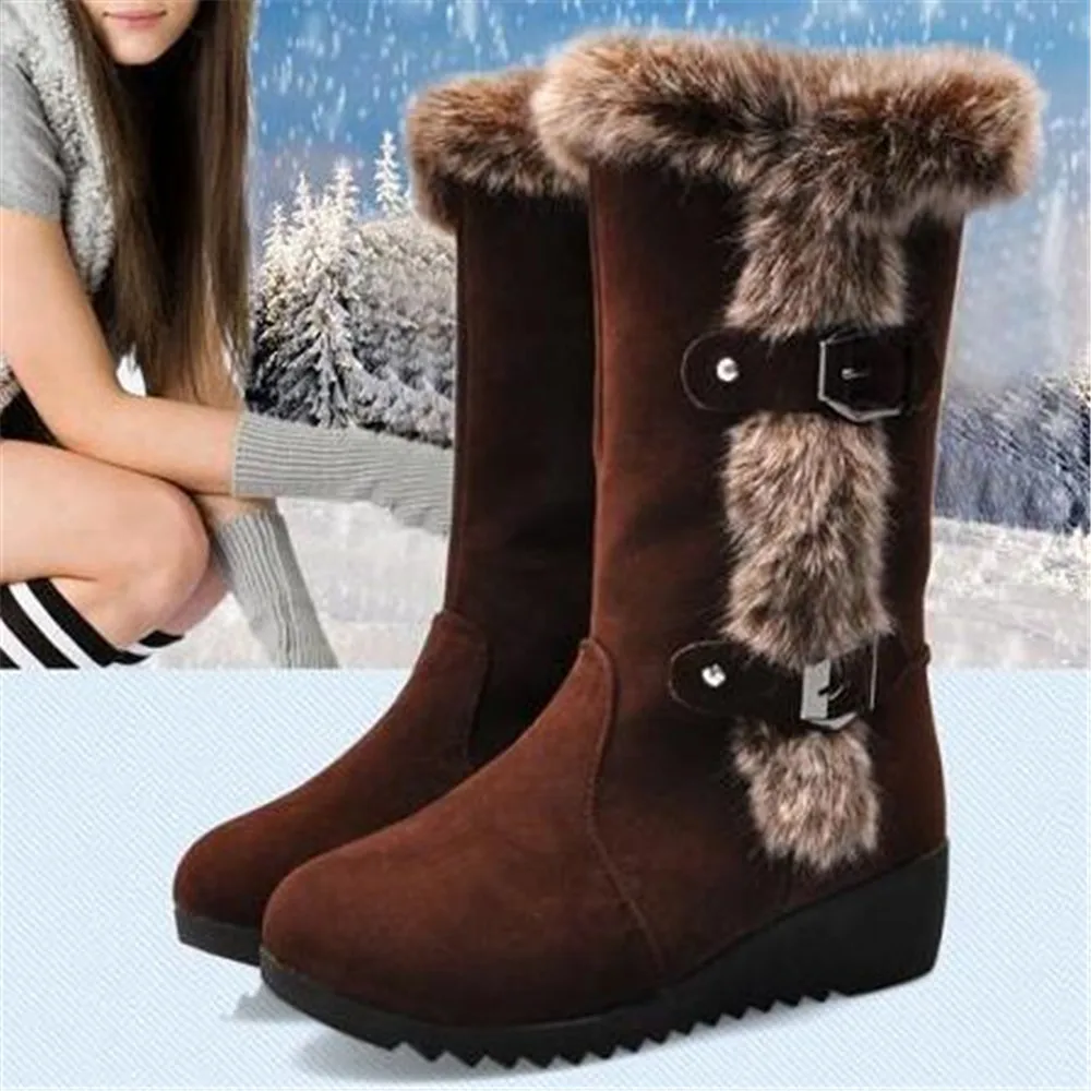 Winter Warm Women Cotton Shoes Ladies Mid Calf Boots High Tube Classic Thick Fleece Models Snow Boots Muje Plus Size 35-42 Black