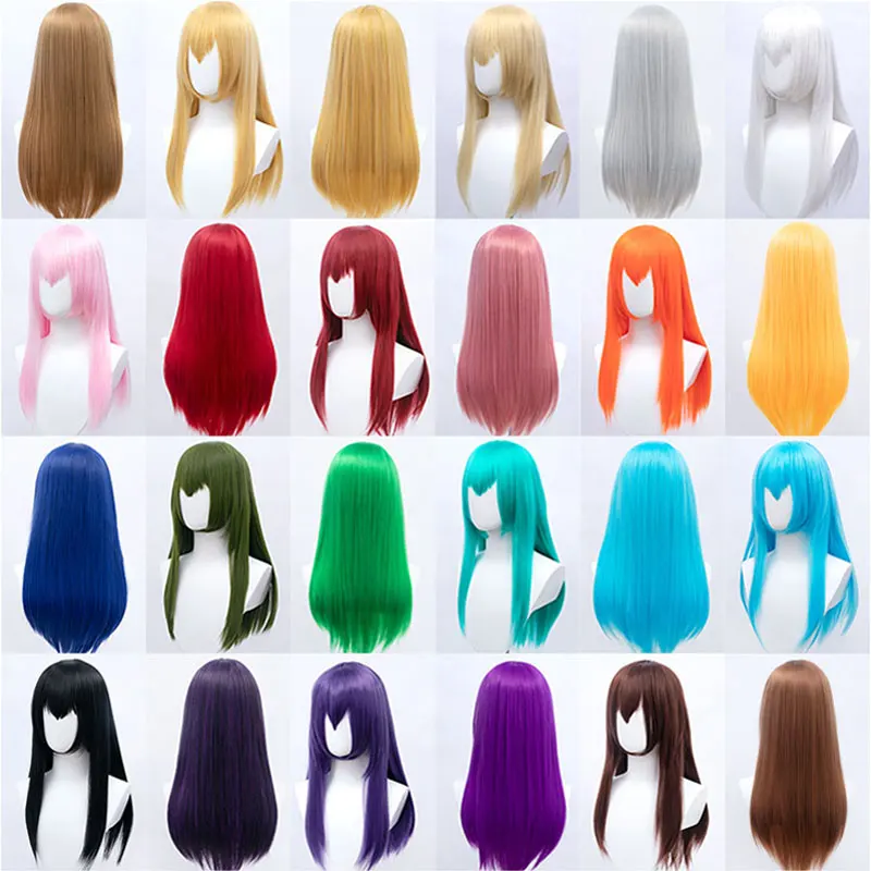 

60cm Long Wig Synthetic Hair with Bangs Lolita Cosplay Party Wigs for Women Pink Blue Purple White Colorful Hair extensions