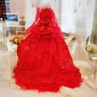 high end handmade luxury dog clothes pet wedding dress princess trailing gown detachable skirt red lace ribbon bow photography
