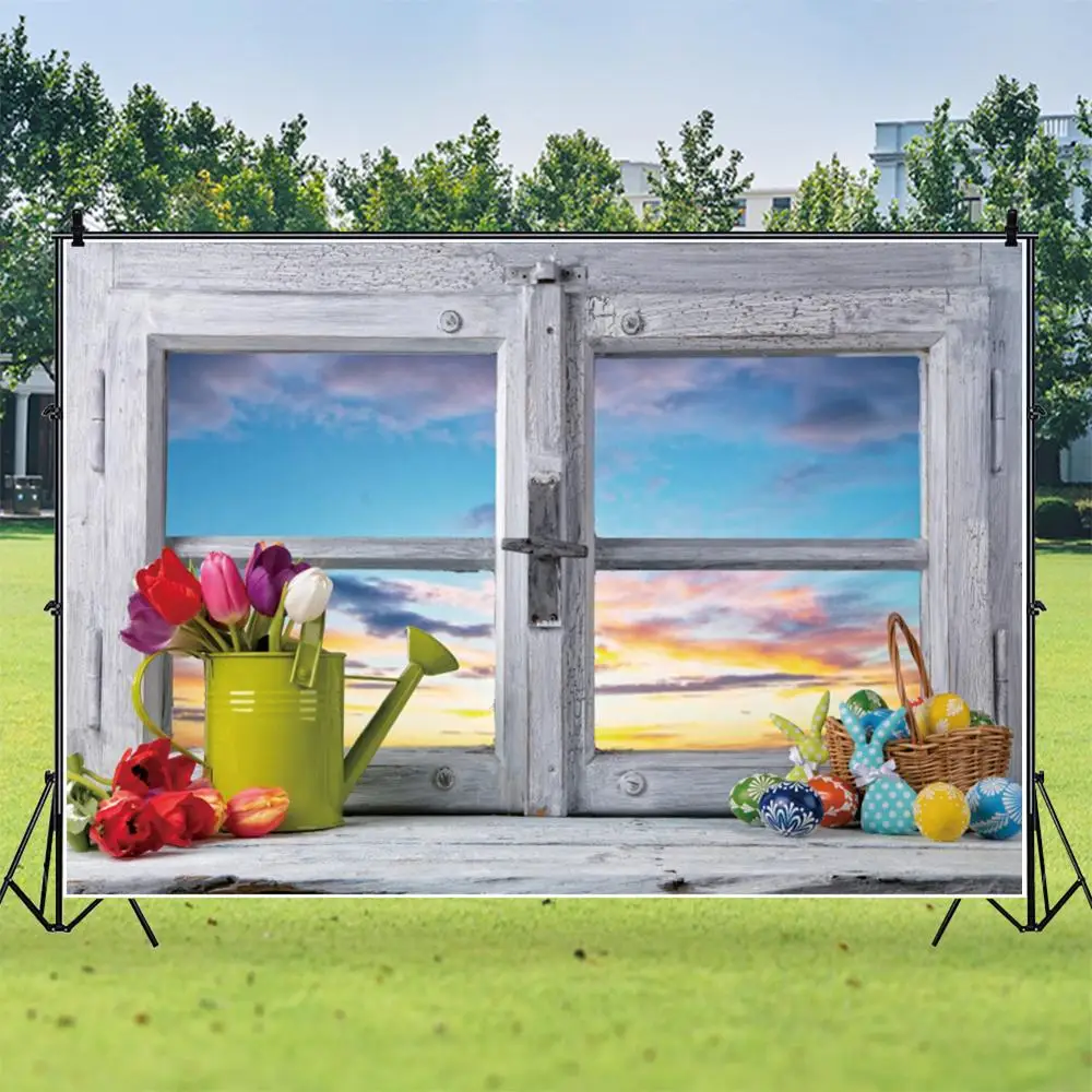

Spring Easter Flower Eggs Window Newborn Baby Portrait Background Vinyl Photography Backdrop Photophone Photozone Photocall Prop