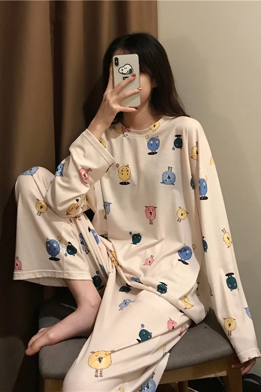Комплект японских пижам с длинными рукавами и круглым вырезом для девочек