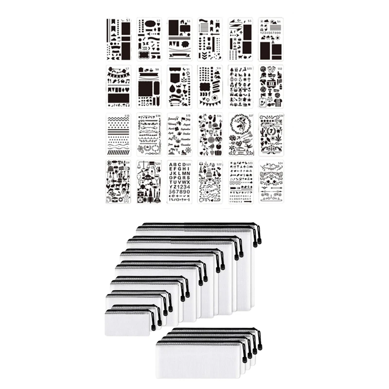 

36 Pcs DIY Drawing Template Painting Template & 18 Pcs Mesh Zipper Pouch Document Bag