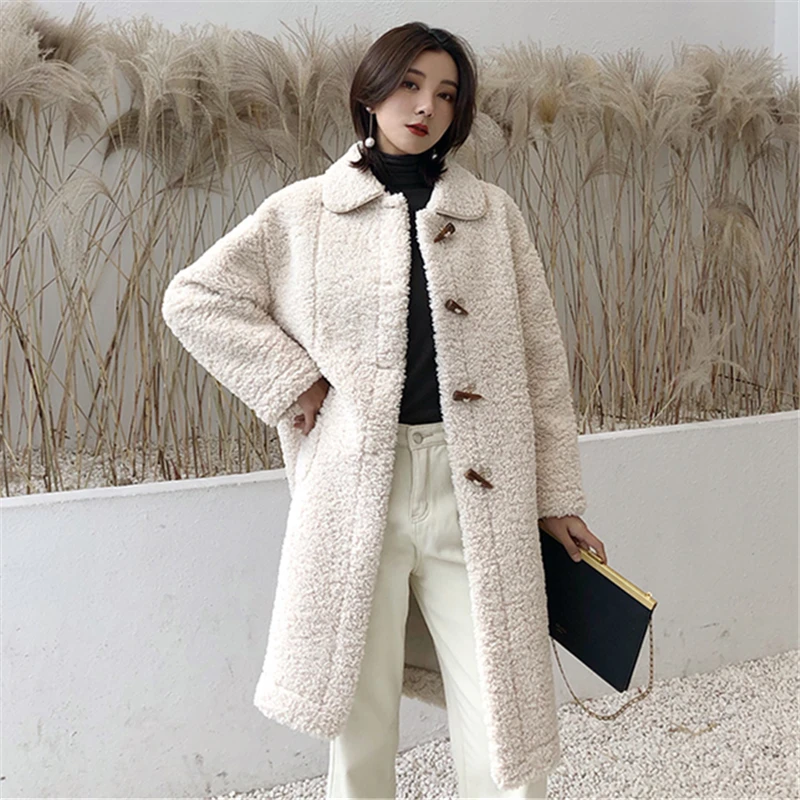 French Texture Horn Buckle Lamb Fur Coat Women Winter Loose Mid-length Fur One Imitation Fur Coat Women Single-breasted Lapel