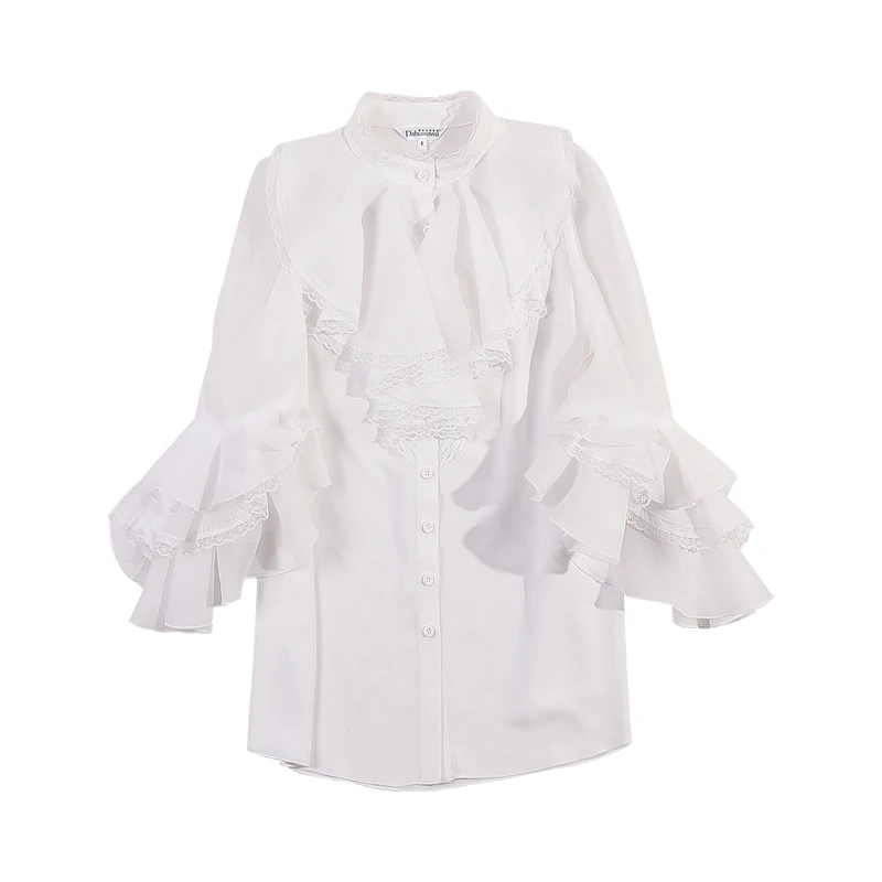 

Dabuwawa Elegant Women Solid Ruffled Blouse Spring Lace Neck Long Sleeves Shirts Fashion Female Blouses Ladies DN1AST012