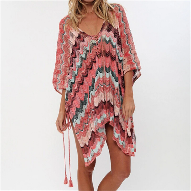 Летнее женское пляжное платье в полоску вязаное крючком для купания Пляжное