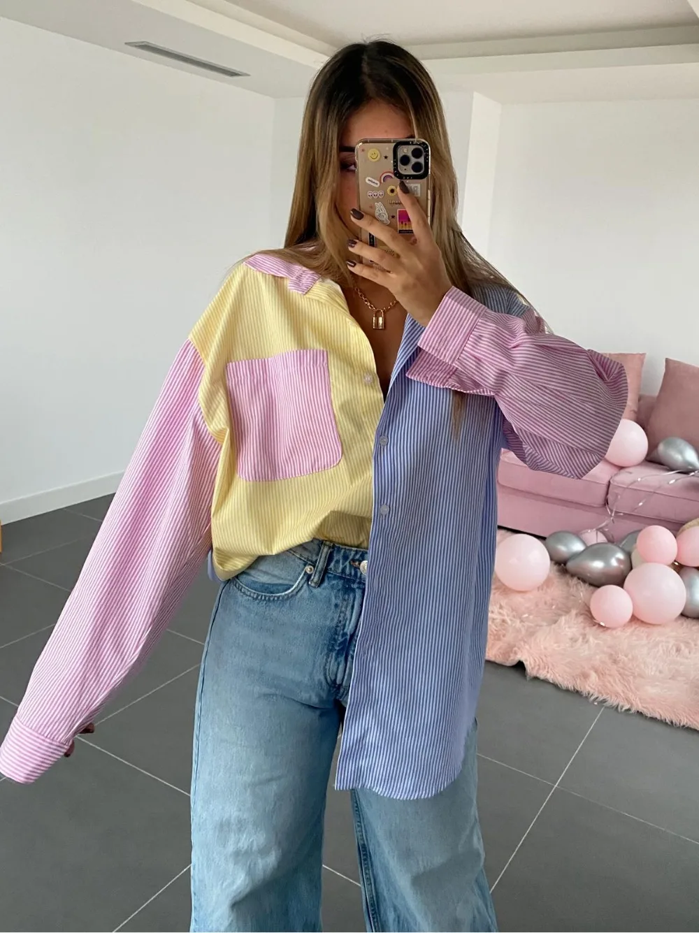 

2022 Women's Shirt Contrast Color Patchwork Casual Long Sleeve Blouses And Shirts Women Tops Oversized Hawaiian Female Clothing