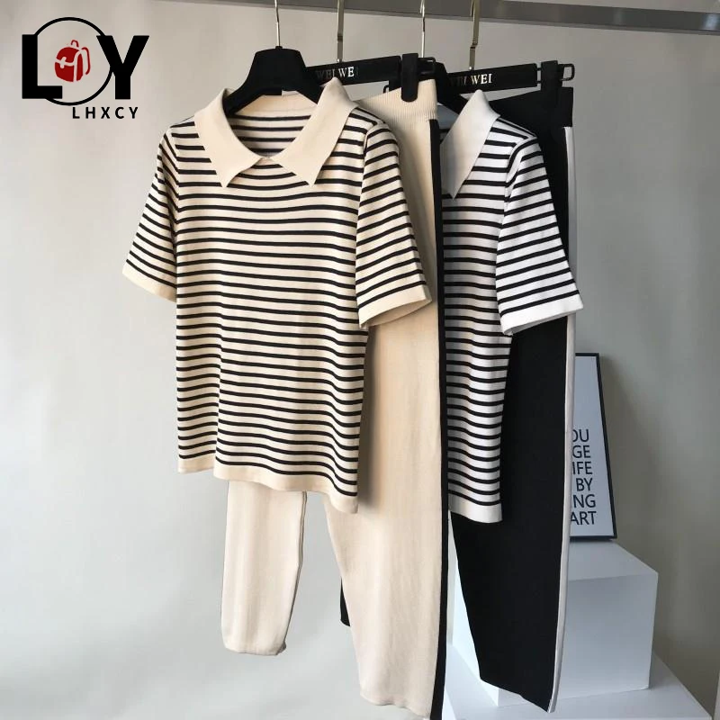 Модный костюм из двух предметов футболка в полоску с коротким рукавом + длинные