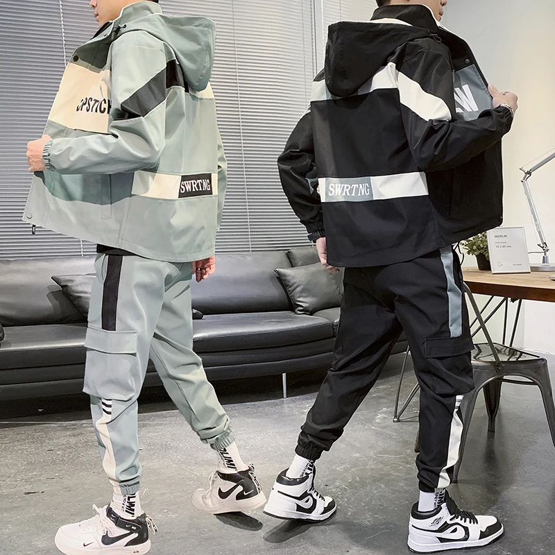 

2020 Workwear Jacket Men's Hooded Jacket+Pants 2PC Sets Hip Hop Tracksuit Mens Coat & Cargo Pants Mens Clothing Streetwear