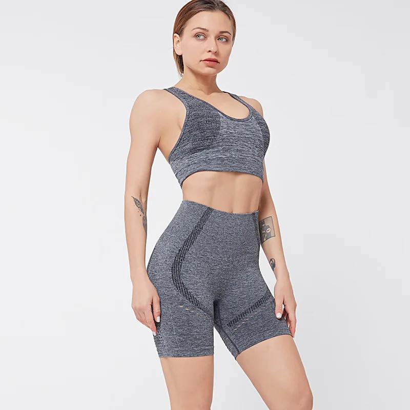 

2020 Summer New Arrival Shorts and Crop Top Bra Tracksuit Fitness 2 Piece Set Women Sportswear clothes