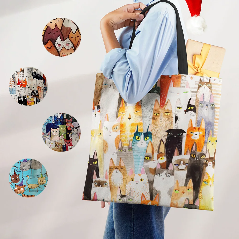 Design Cute Kawaii Cartoon Anime Cat Print Linen Tote Bag Women Fashion Handbags School Travel Shopping Shoulder Bags Reusable
