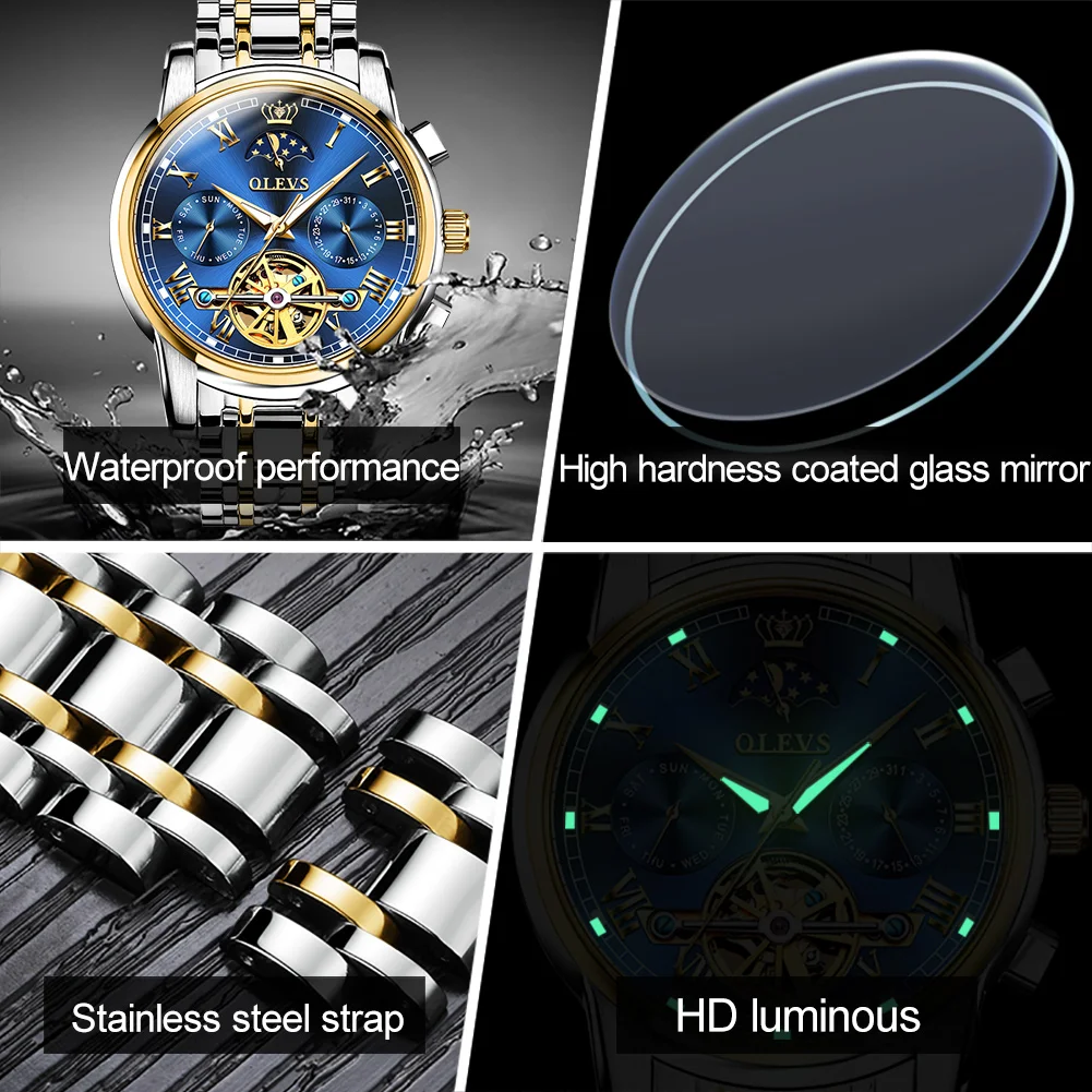 

Men's automatic mechanical wristwatch hollow design stainless steel watchband waterproof moon phase fashion male clock