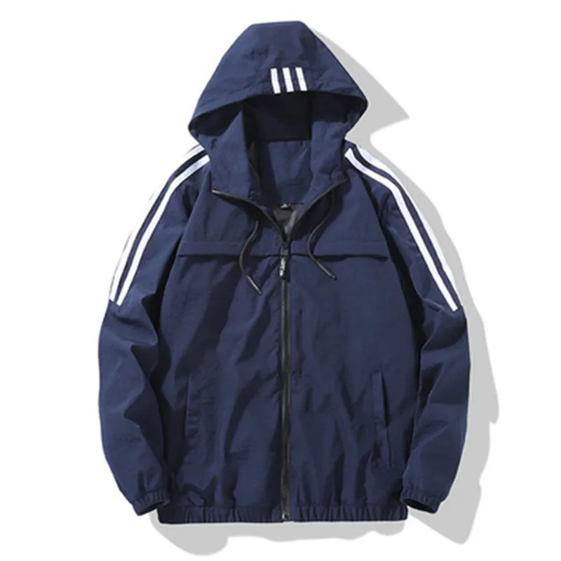 

Men's Casual Striped Bomber Jacket Men New Trend Hoodie Collar Streetwear Coat Male Fashion Windbreaker Jackets