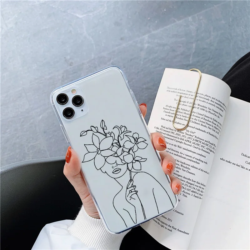 Abstract Line Human Face Flower Silicone Phone Case For iphone 12 Mini 13 14 11 12 ProMax XR 8 7 6 Plus X XSMAX Clear Soft Cover