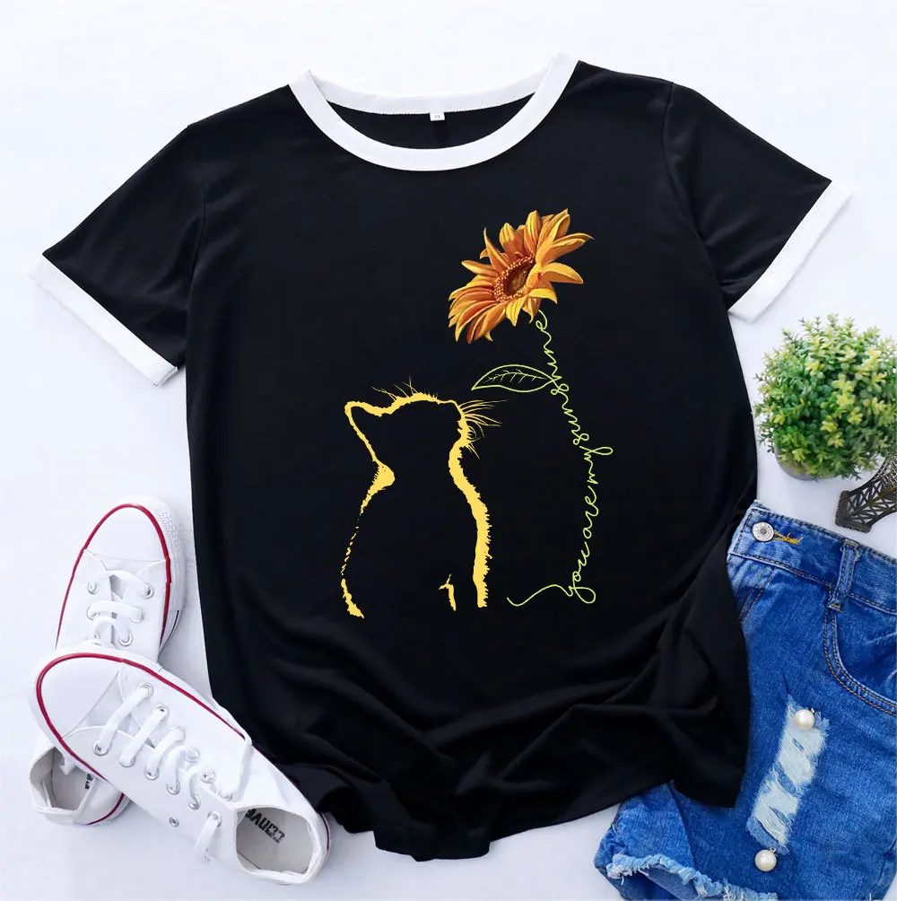 

S-5XL 100% cotton women's shirt plus size T-shirt ladies cat stitching printing O-neck short-sleeved T-shirt ladies sexy top