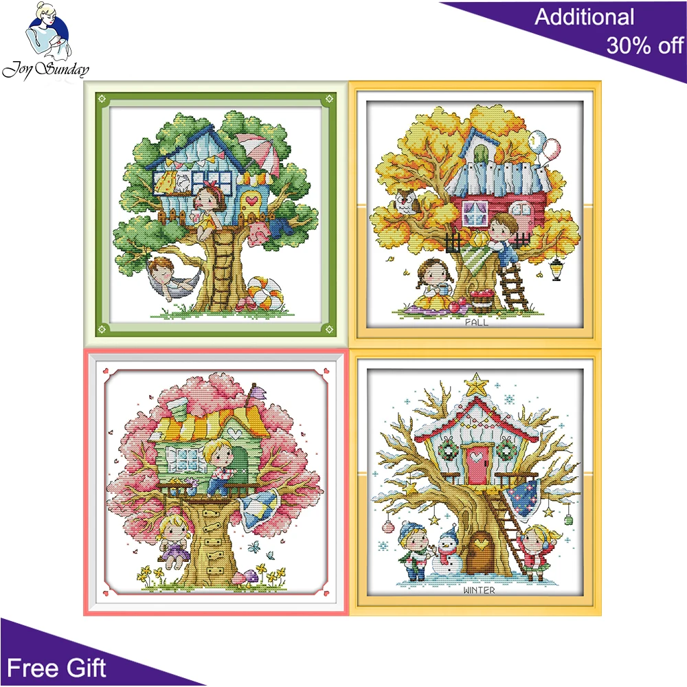 

Joy Sunday Spring Summer Autumn Winter Tree House Home Decor C939 C951 C952 KB138 Counted Stamped Four Season Trees Cross Stitch