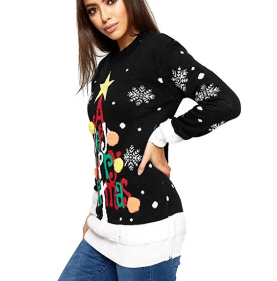 Christmas Sweater Women Fashion Letter Jacquard Loose Large Size Knit Set Head Pullover Santa snowflake Womens Sweaters | Женская одежда