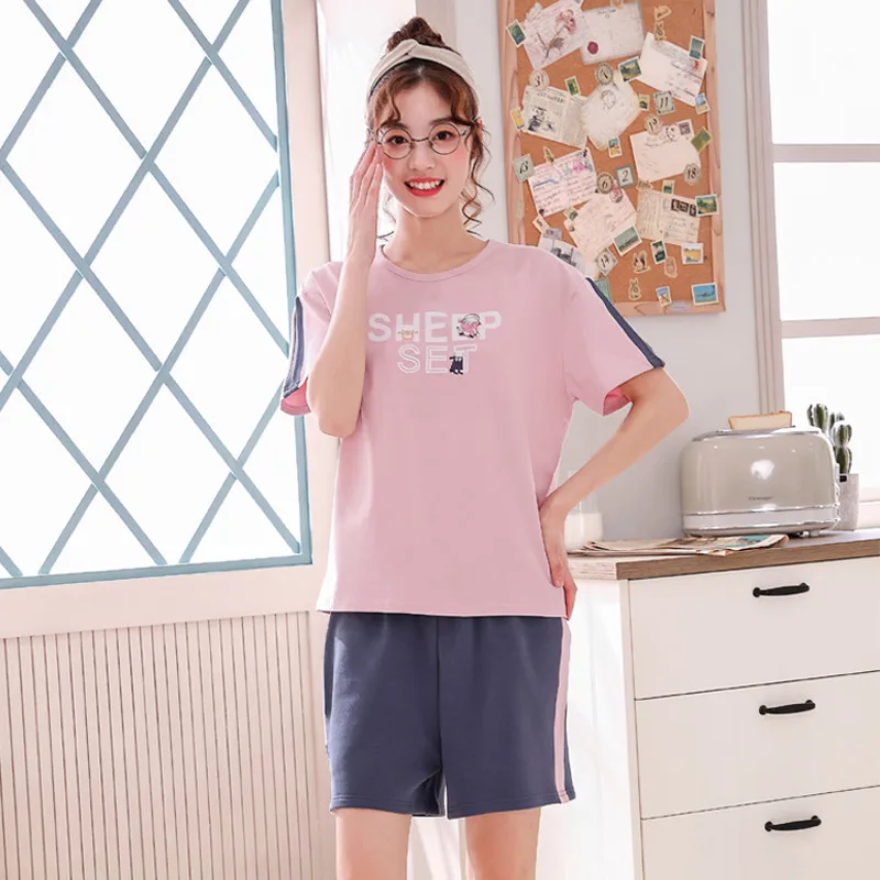 Women Pajamas Sets Suits Lovely Home Suit 100% Cotton Pyjama For Sleepwear Short Sleeve Top + Shorts Pyjamas Pijamas Mujer | Женская