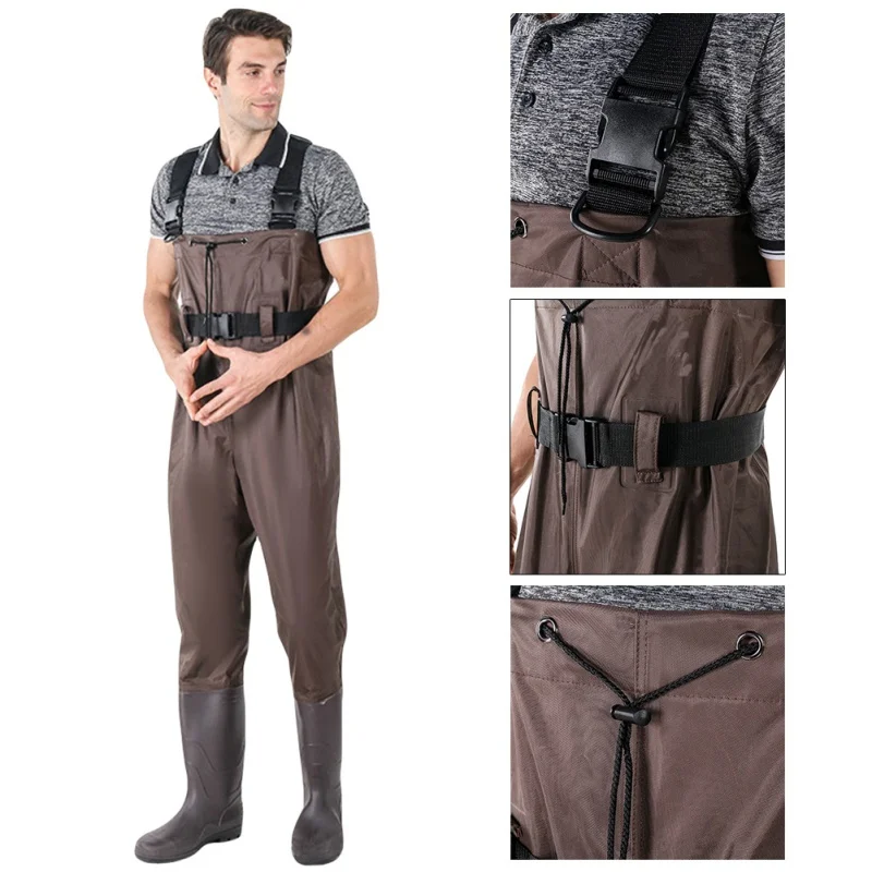 Enlarge Fishing Pants Men Women Waterproof Bootfoot Fly Fishing Chest Rubber Waders Wading Boots Suit With Camouflage Pant