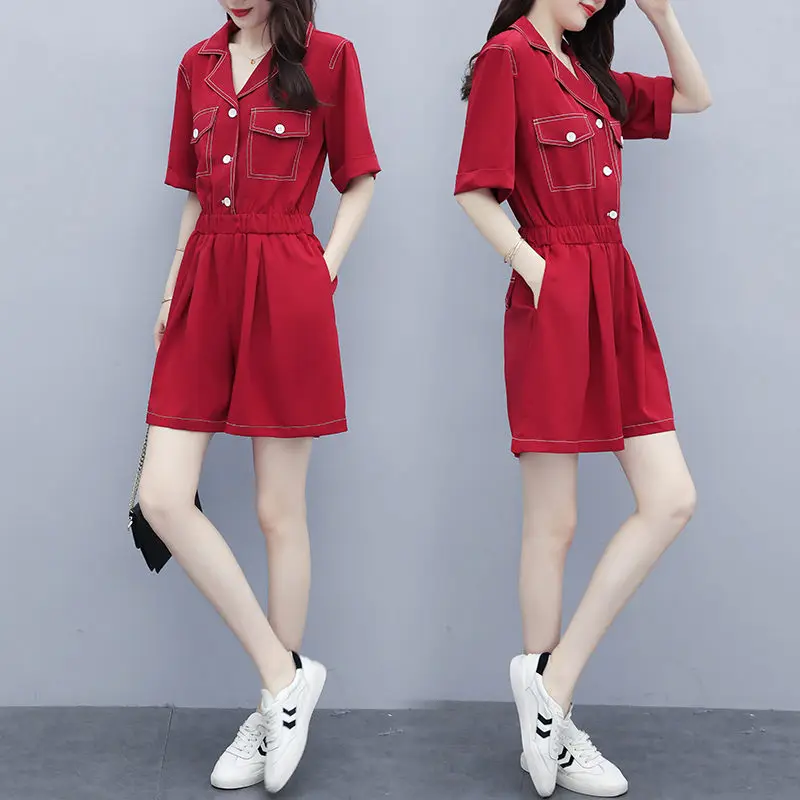 

Размера плюс 5XL женские летние комбинезоны 2021, модная новинка, с отворотом, с эластичной резинкой на талии случайные свободные женские комби...