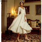 Короткое свадебное платье YUNUO, атласное ТРАПЕЦИЕВИДНОЕ ПЛАТЬЕ средней длины с длинным рукавом, V-образным вырезом, пляжное платье невесты, цвета слоновой кости, белого цвета, для невесты,