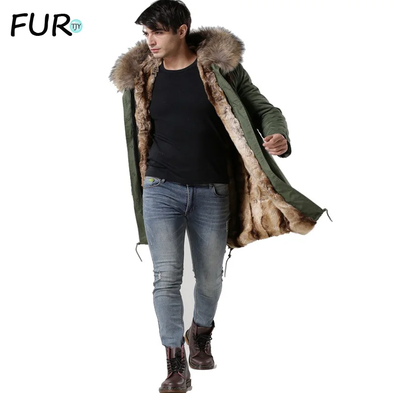

Hot Sales Italy male real raccoon fur collar jacket Mr Mrs fur lined long parka with faux rabbit fur winter male coats