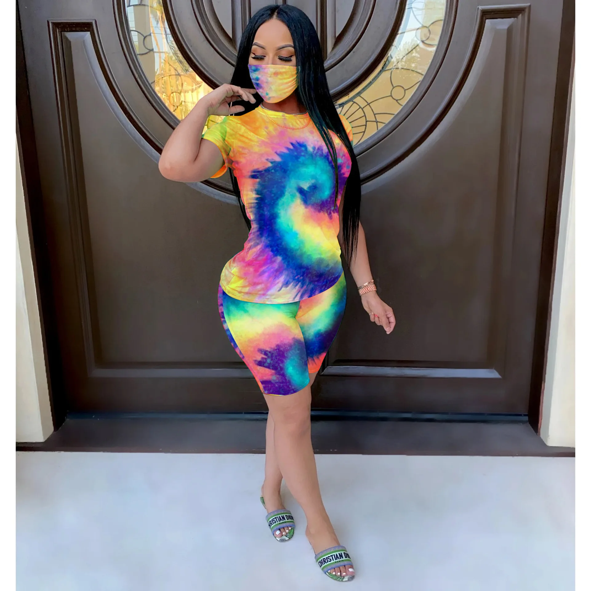

LEOSOXS Women Tracksuits Two Pieces Set Mask Top Short Pants 2 Pieces Set Tie Dye Print Leisure Suits Ladies Outdoor Wears