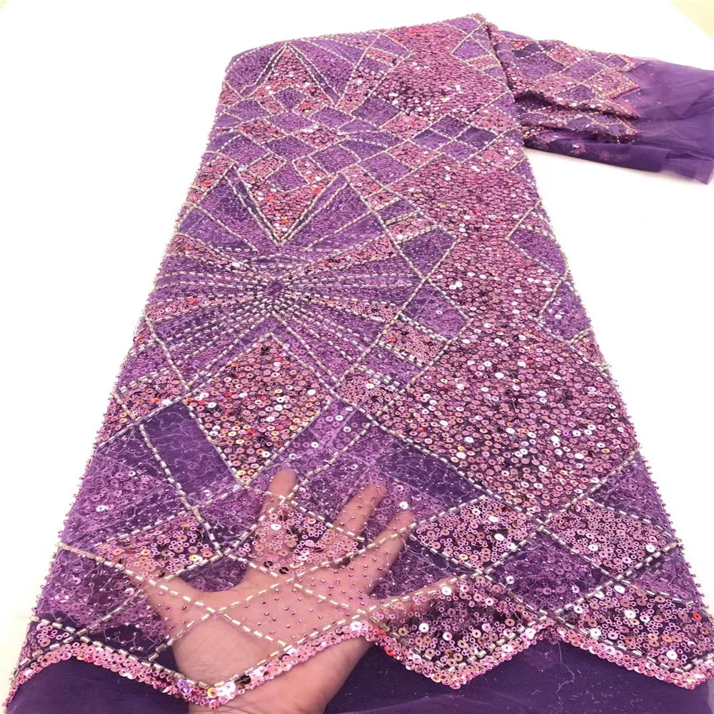 

Newest African Beaded Lace Fabric French Handmade Beads Lace Fabric for Wedding Party Material Nigerian Sequins Fabric