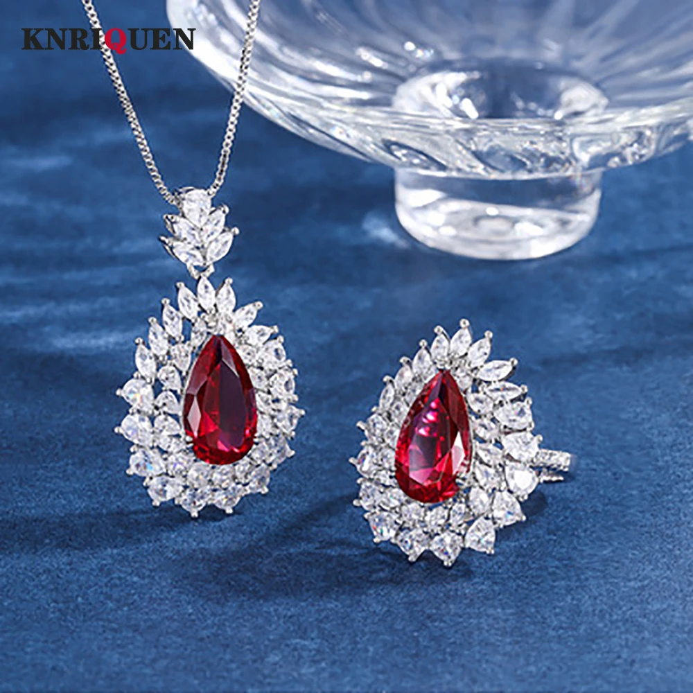 

Vintage 925 Sterling Silver 8*14MM Ruby Gemstone Women's Rings Pendant Necklace Wedding Party Jewelry Sets Gift for Girlfriend