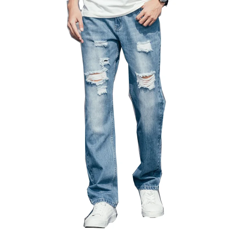 New fashion ripped men's jeans trousers summer plus size straight casual blue ragged denim trousers