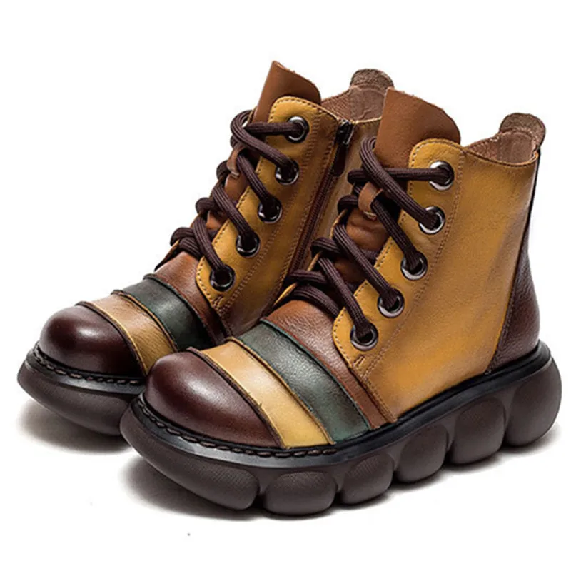 

Retro Ethnic Style Casual Women's Shoes Real Leather High-top Rainbow Short Boots Autumn Winter New Platform Women's Ankle Boots