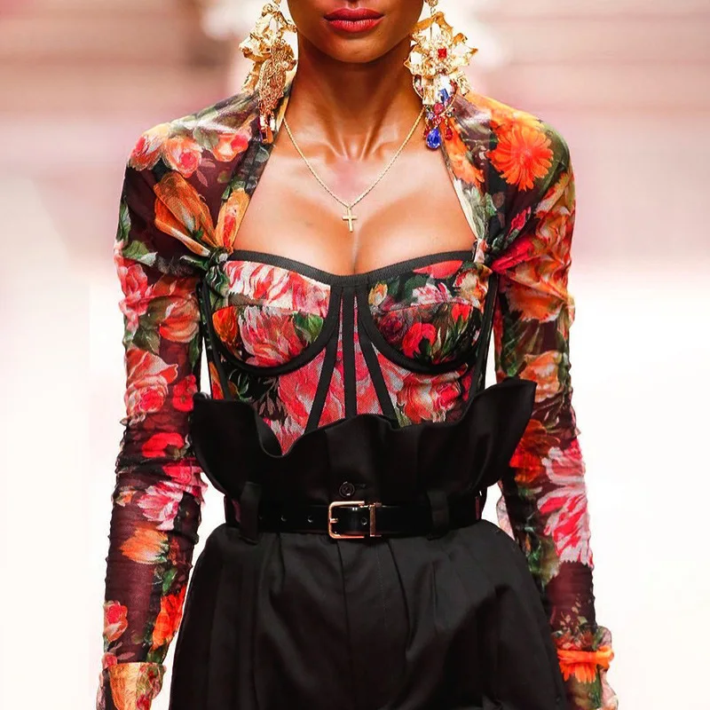 Блузка женская с цветочным принтом пикантный укороченный топ квадратным вырезом