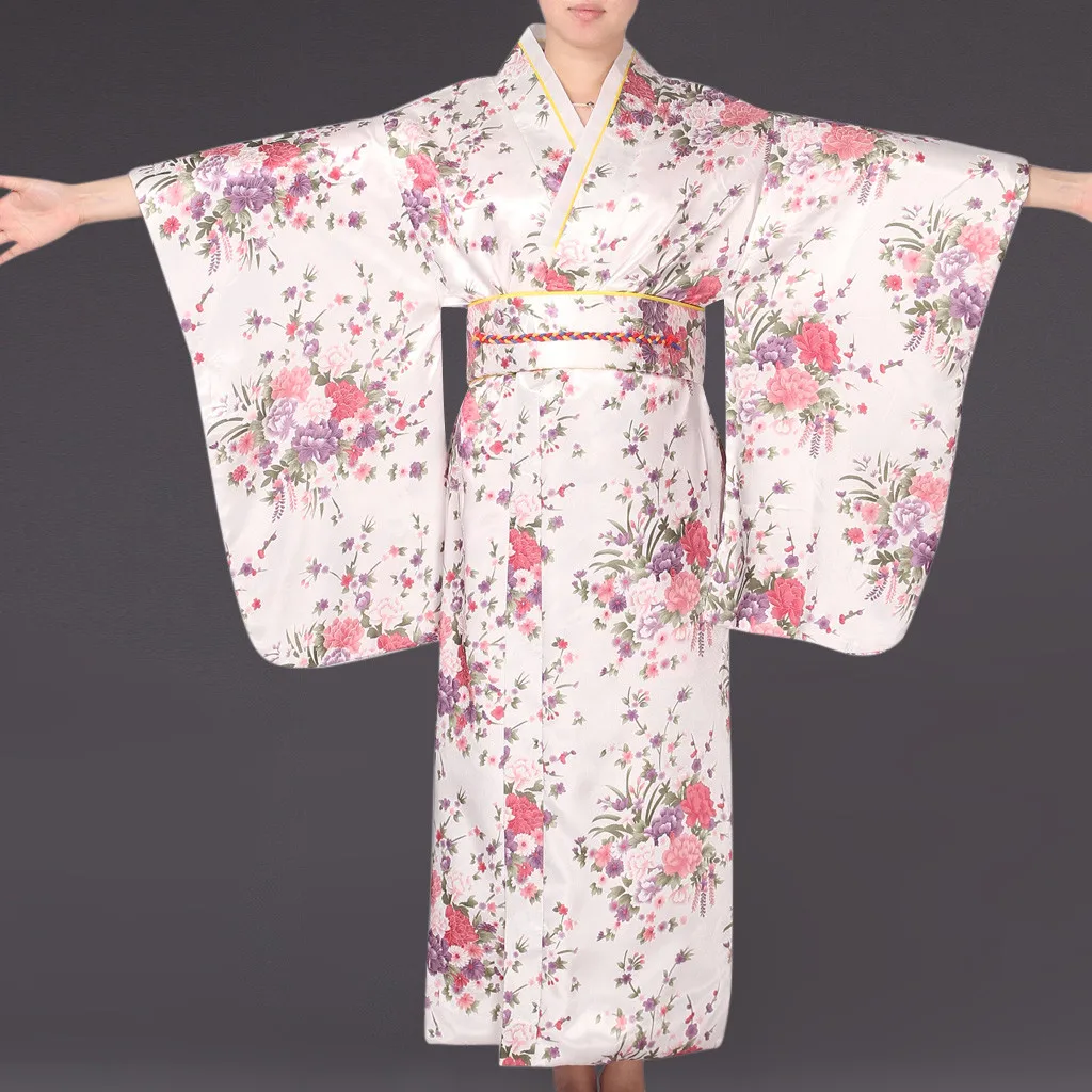 Модные платья свободное японское атласное платье имитация шелка кимоно с