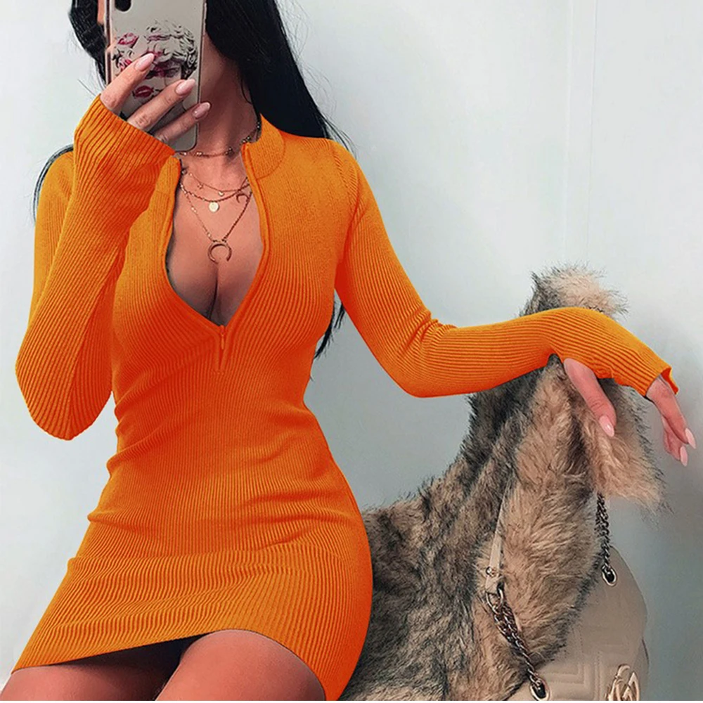 

2021 Women Winter Fall Ribbed Dress New Deep V-neck Long Sleeve Solid Pencil Stand Collar Zipper Party Mini Dress 10 Color 5XL